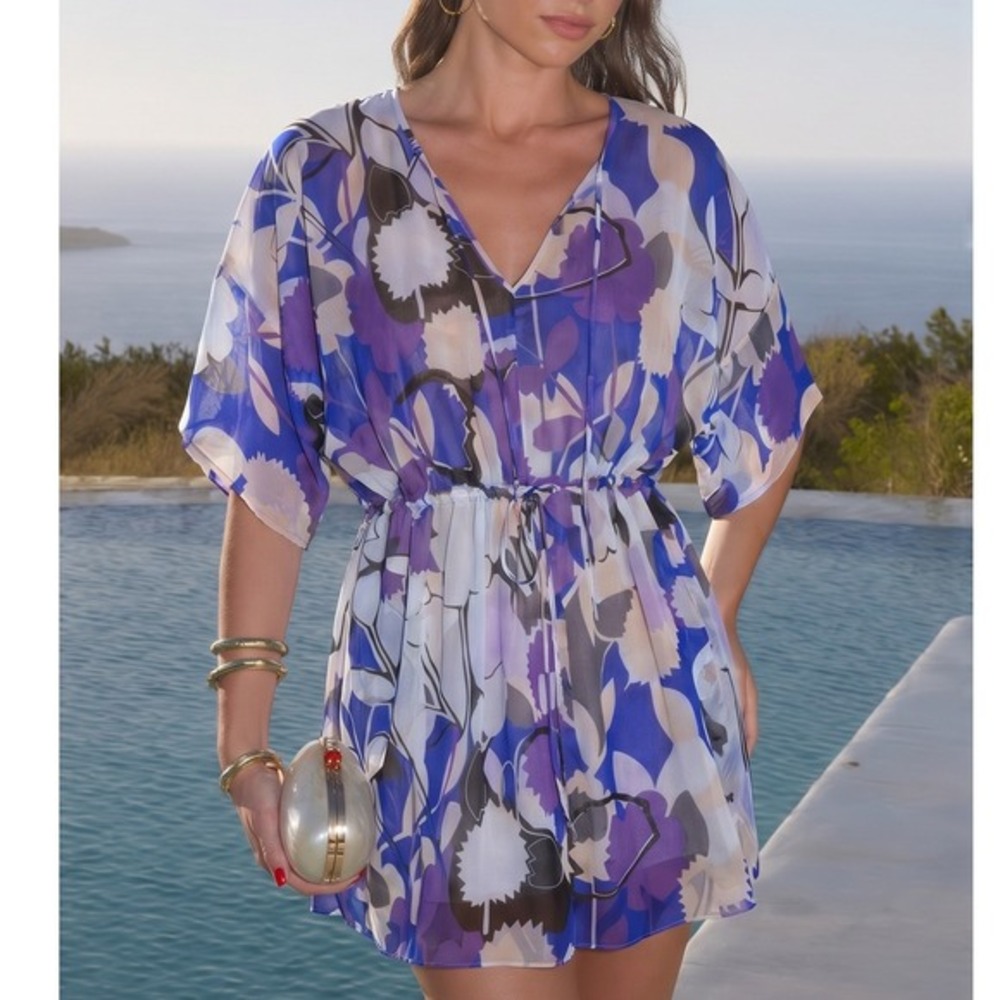 Diane von Furstenberg 100% Silk Floral Tunic Dress Purple‎ Blue V-Neck Size 6